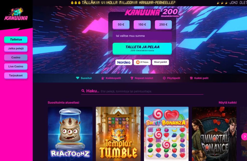 Kanuuna on pikakasino, jossa pelaaminen onnistuu kätevästi verkkopankkitunnuksilla tai mobiilivarmenteella ilman erillistä rekisteröitymistä.