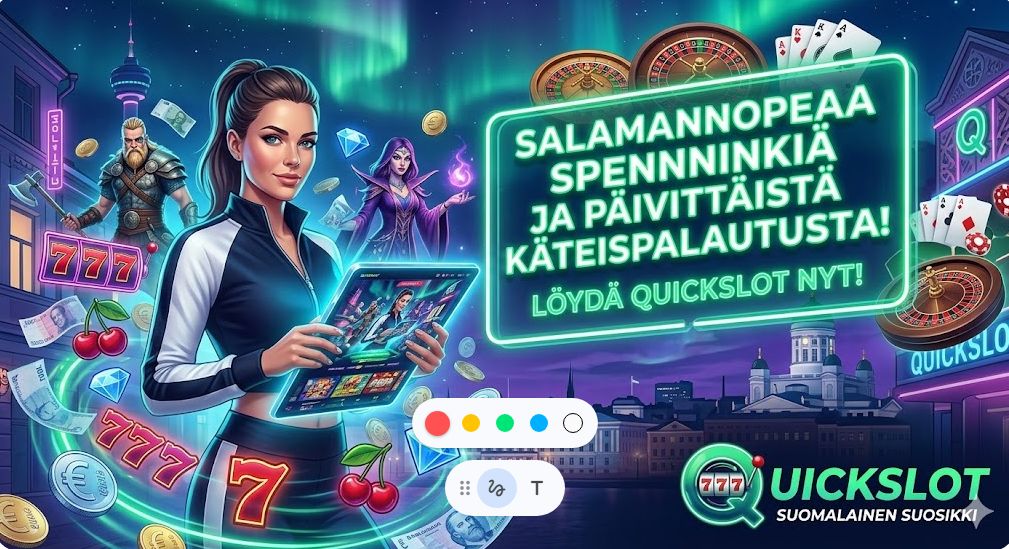 Dynaaminen QuickSlot Casino -banneri, joka sijoittuu revontulien valaisemaan yölliseen Helsinkiin. Kuvassa nainen pitelee tablettia, ja hänen ympärillään lentää euroseteleitä, kolikoita sekä hedelmäpelin symboleita. Vihreä neonteksti julistaa suomeksi: 'SALAMANNOPEAA SPENNINKIÄ JA PÄIVITTÄISTÄ KÄTEISPALAUTUSTA! LÖYDÄ QUICKSLOT NYT!'. Taustalla näkyvät Helsingin tuomiokirkko, viikinkihahmo ja kasinoelementit. Oikeassa alakulmassa on QuickSlot-logo tekstillä 'SUOMALAINEN SUOSIKKI'.